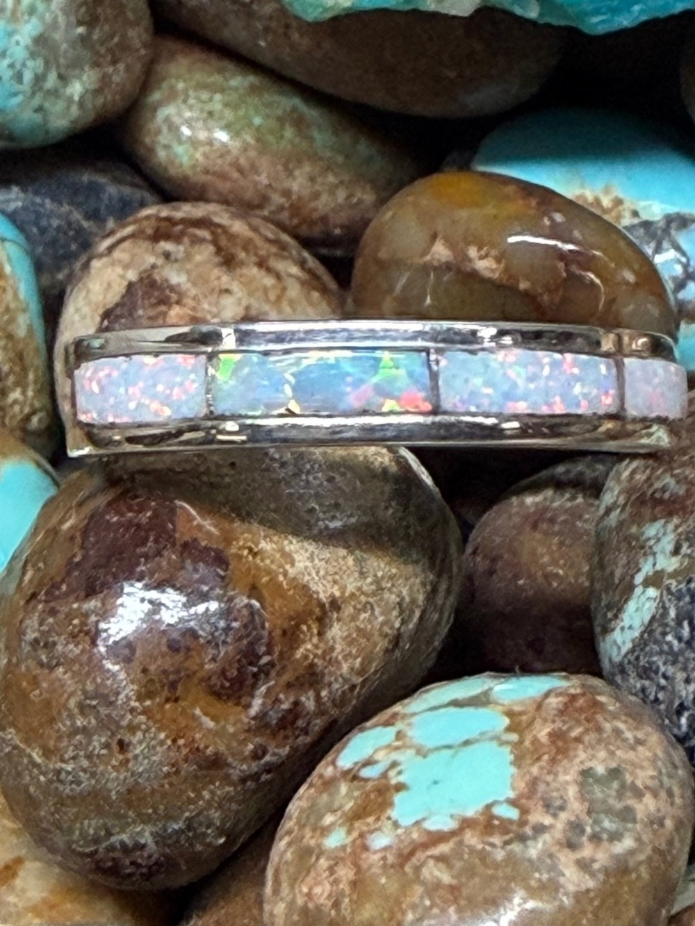 Opal Inlay Sterling Silver Women's Band - white Opal